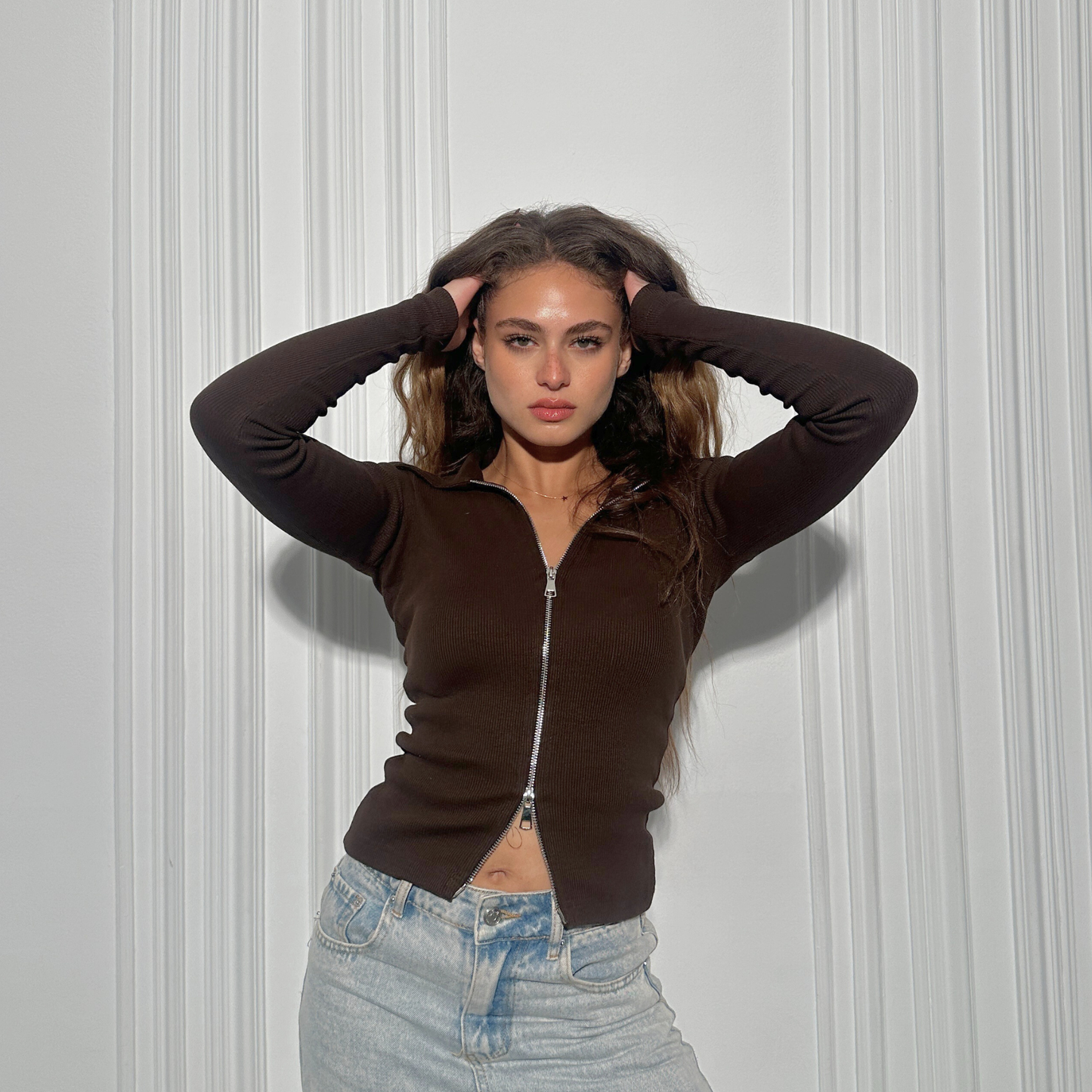 Brown Double Zipper Ribbed Cardigan