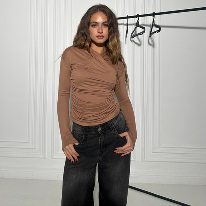 Brown  long sleeves wrap top(NEW)
