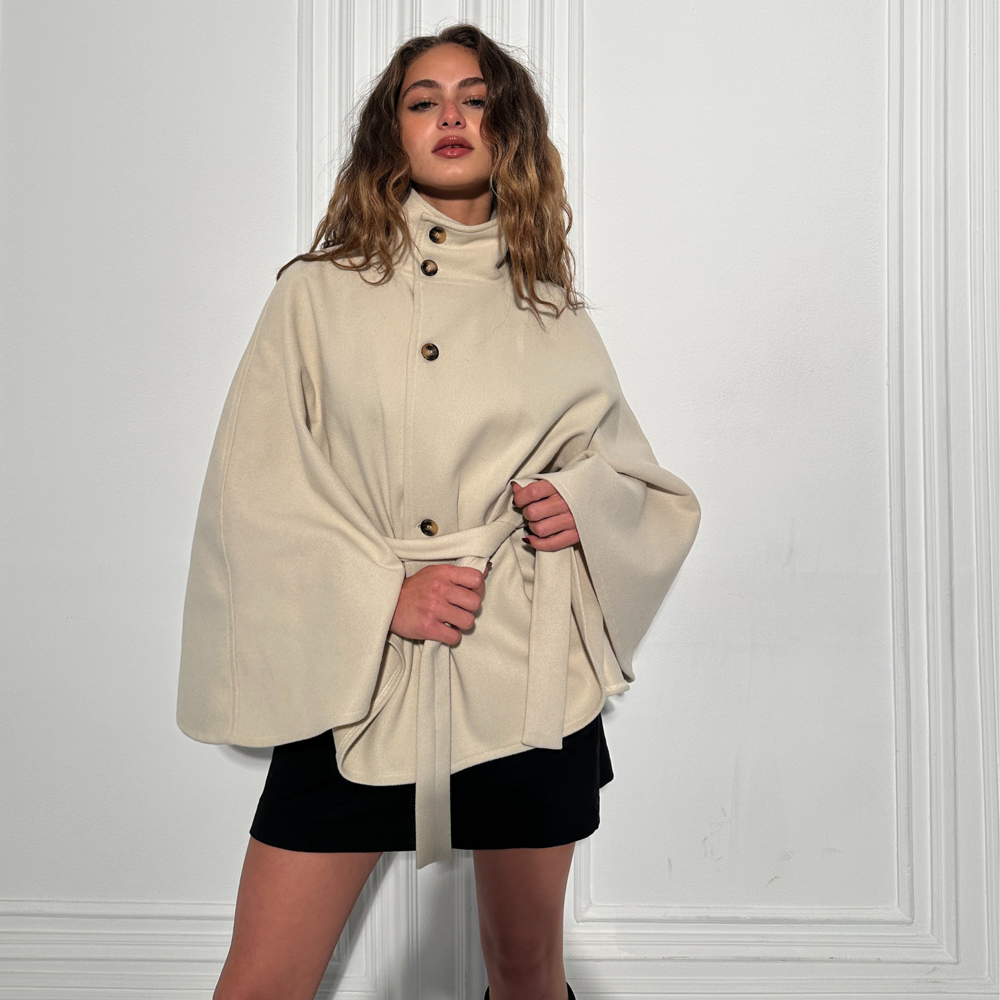 Beige Neck Funnel Belt Cape