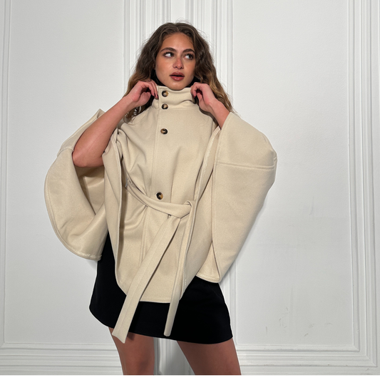 Beige Neck Funnel Belt Cape