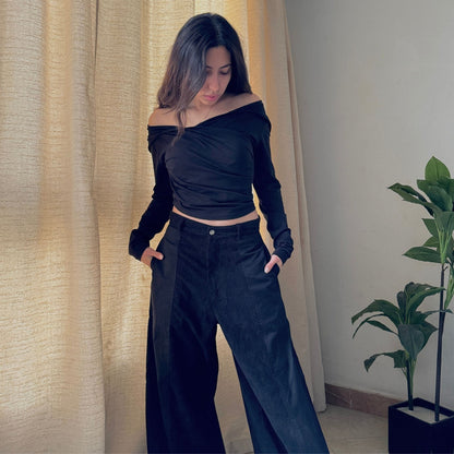 Corduroy Panel Wide Leg Pants