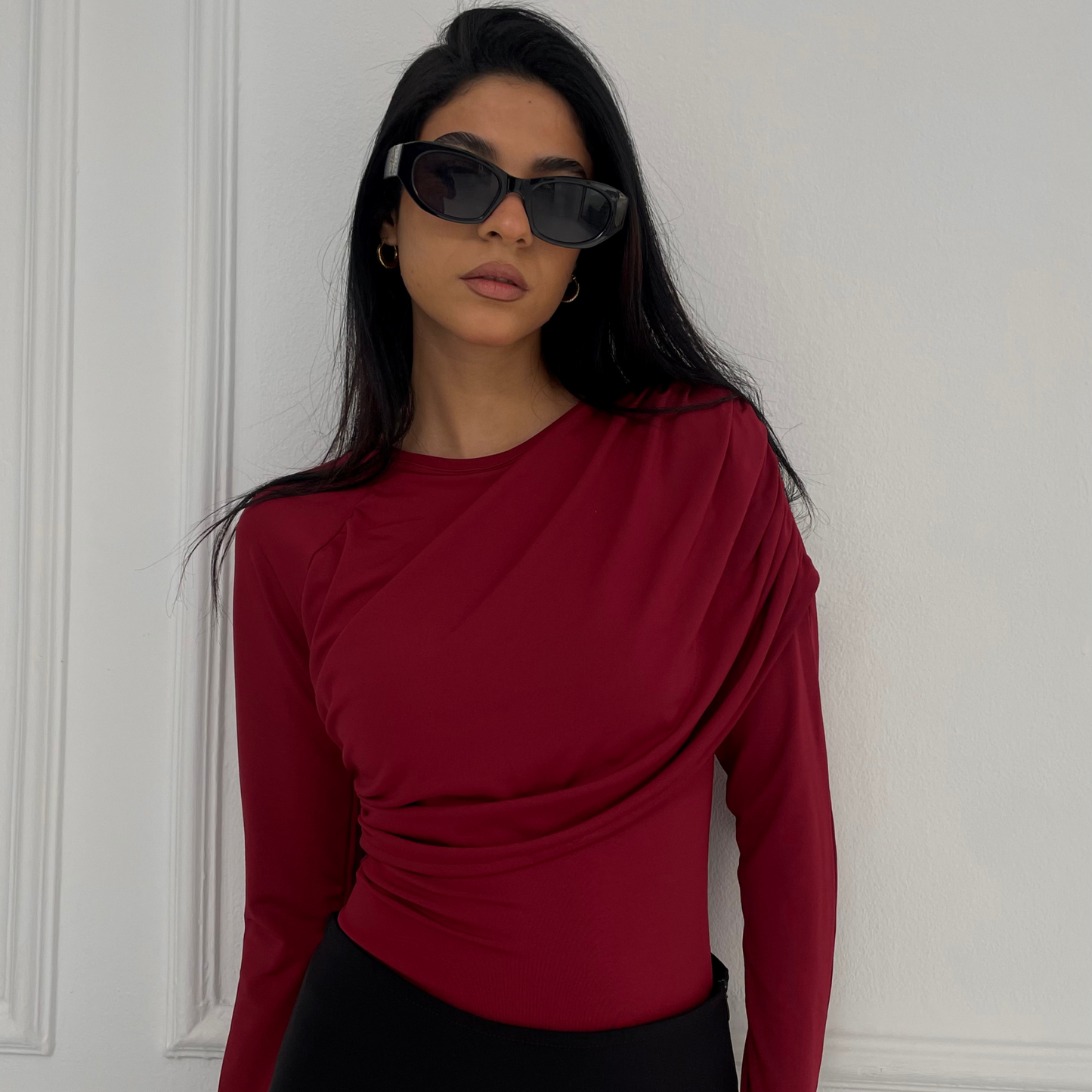 Burgundy Long -Sleeve Ruched Top