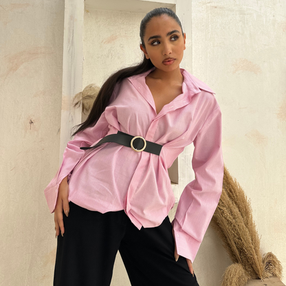Pink Balloon Belted Cotton Shirt