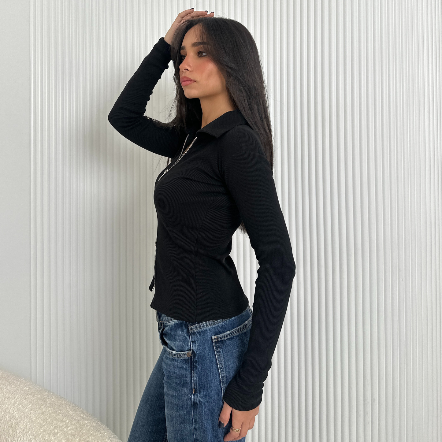 Black Double Zipper Ribbed Cardigan