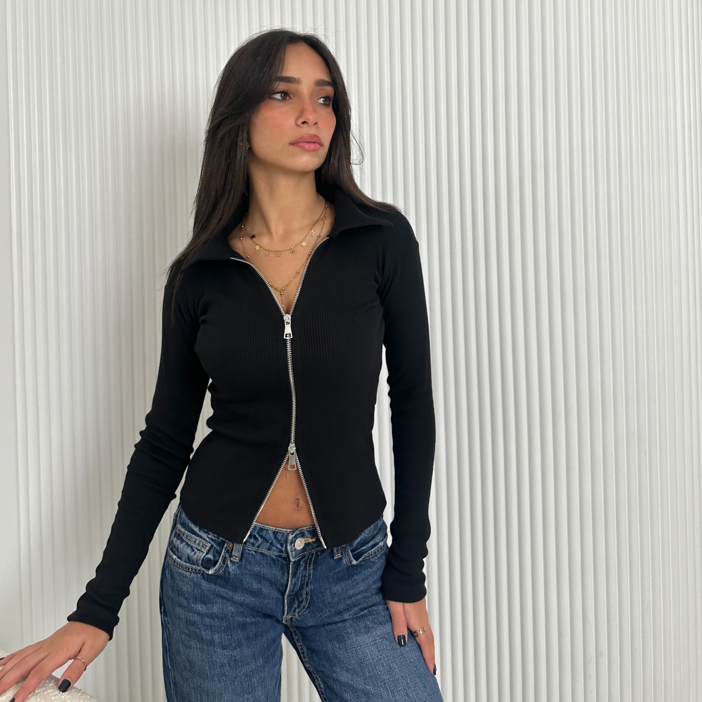 Black Double Zipper Ribbed Cardigan