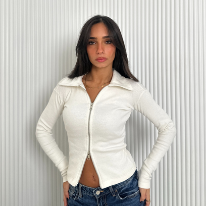 White Double Zipper Ribbed Cardigan