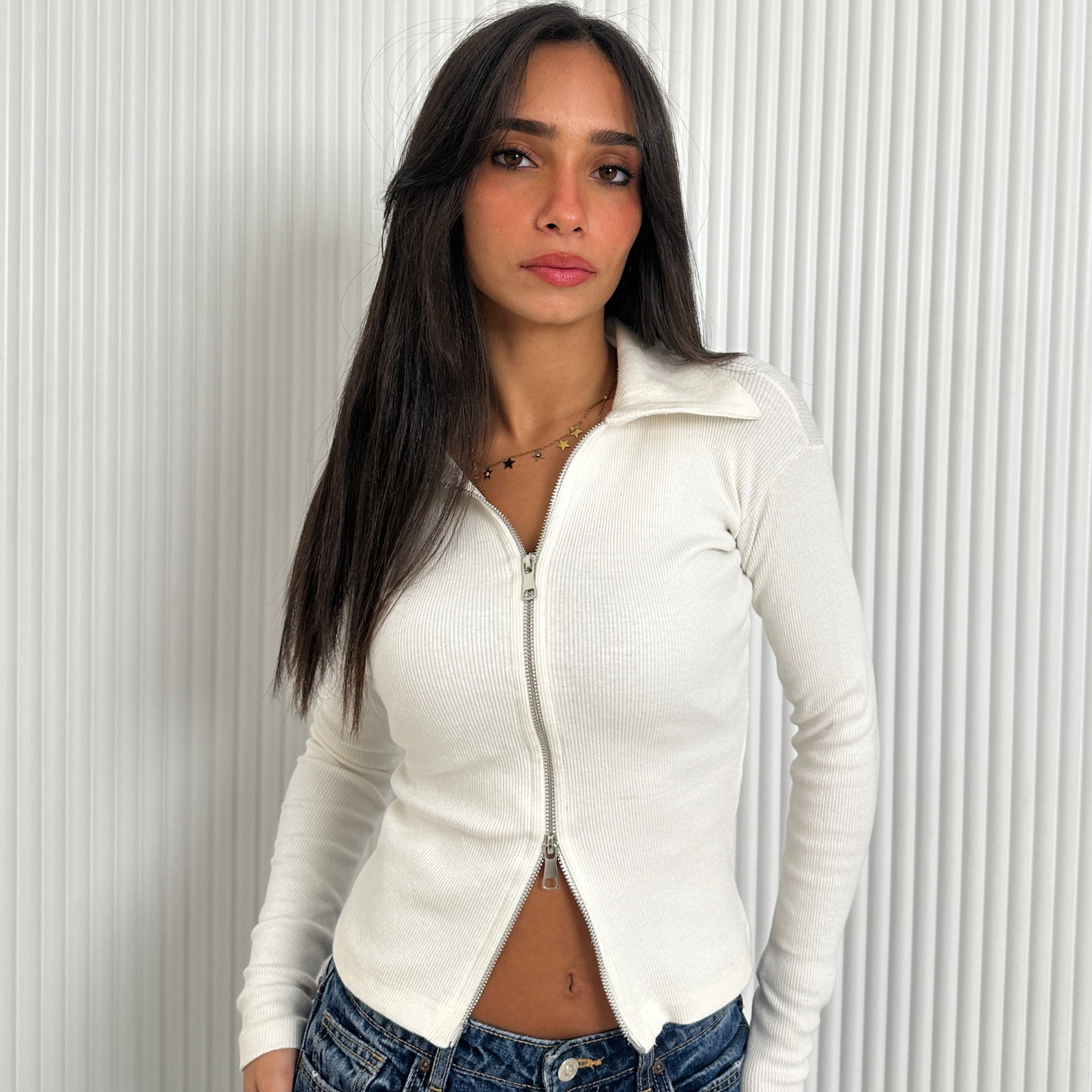 White Double Zipper Ribbed Cardigan