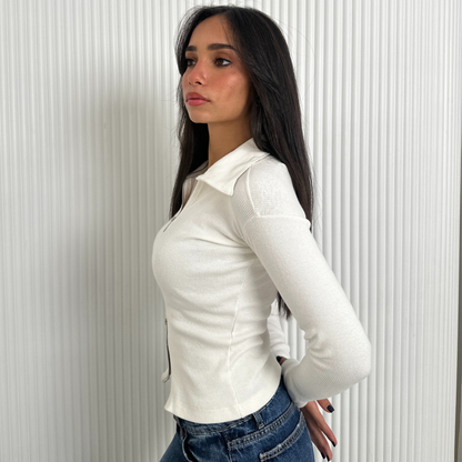 White Double Zipper Ribbed Cardigan