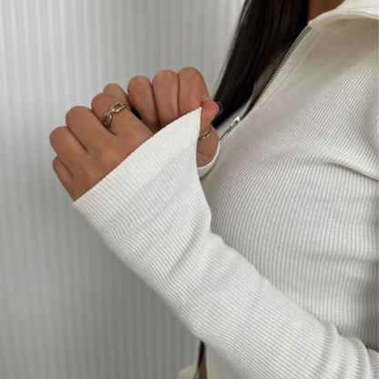 White Double Zipper Ribbed Cardigan