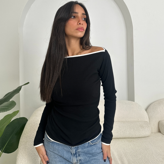 Long-Sleeve Fitted Ribbed Top With Contrast Trim