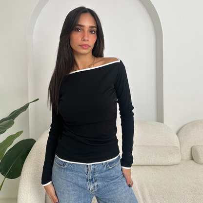 Long-Sleeve Fitted Ribbed Top With Contrast Trim