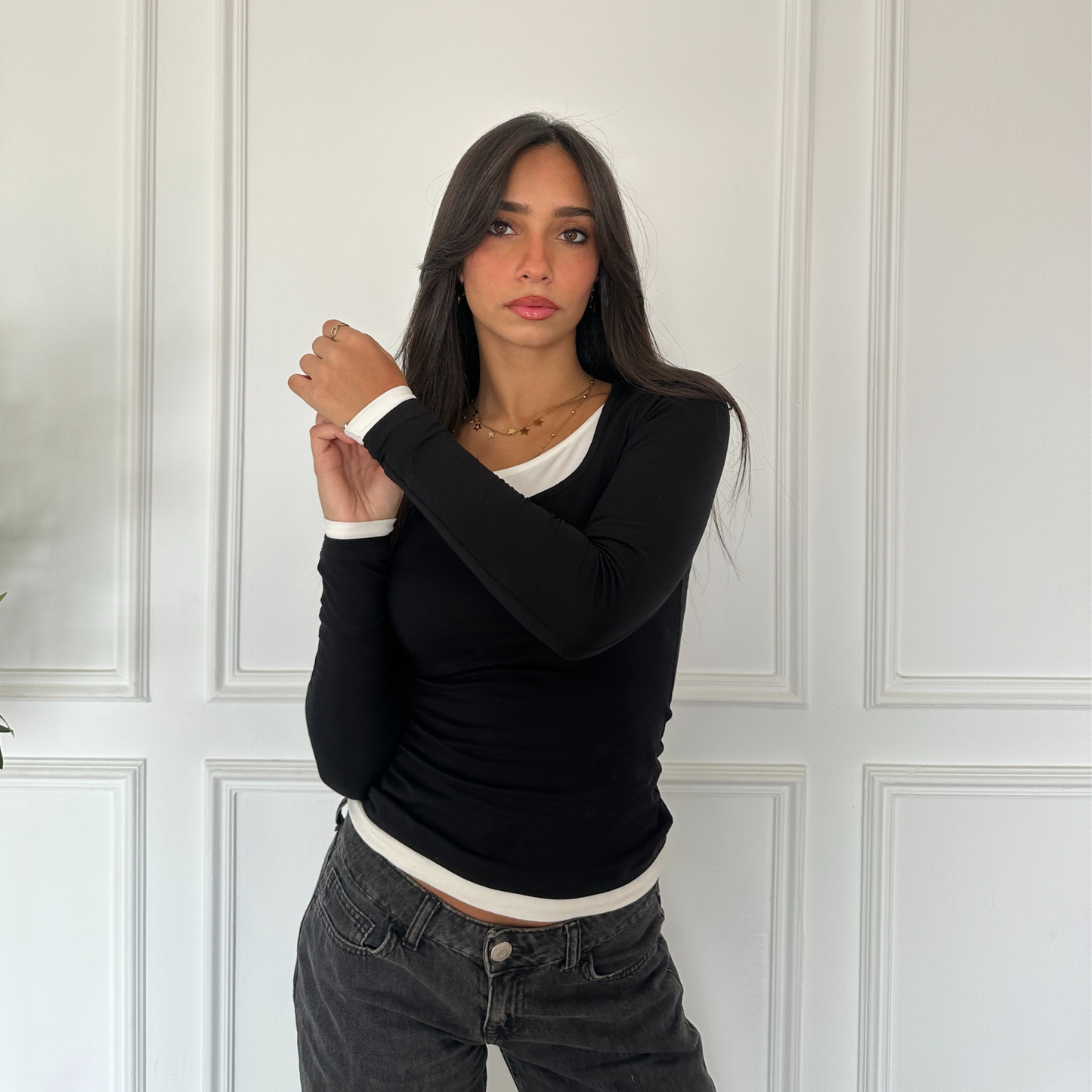 Black Long Sleeve Top with White Neckline