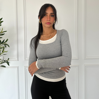 Grey Long Sleeve Top with White Neckline