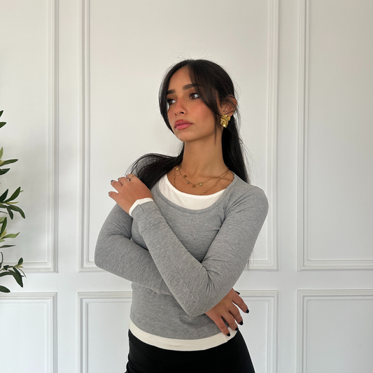 Grey Long Sleeve Top with White Neckline