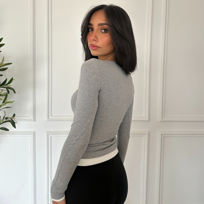 Grey Long Sleeve Top with White Neckline