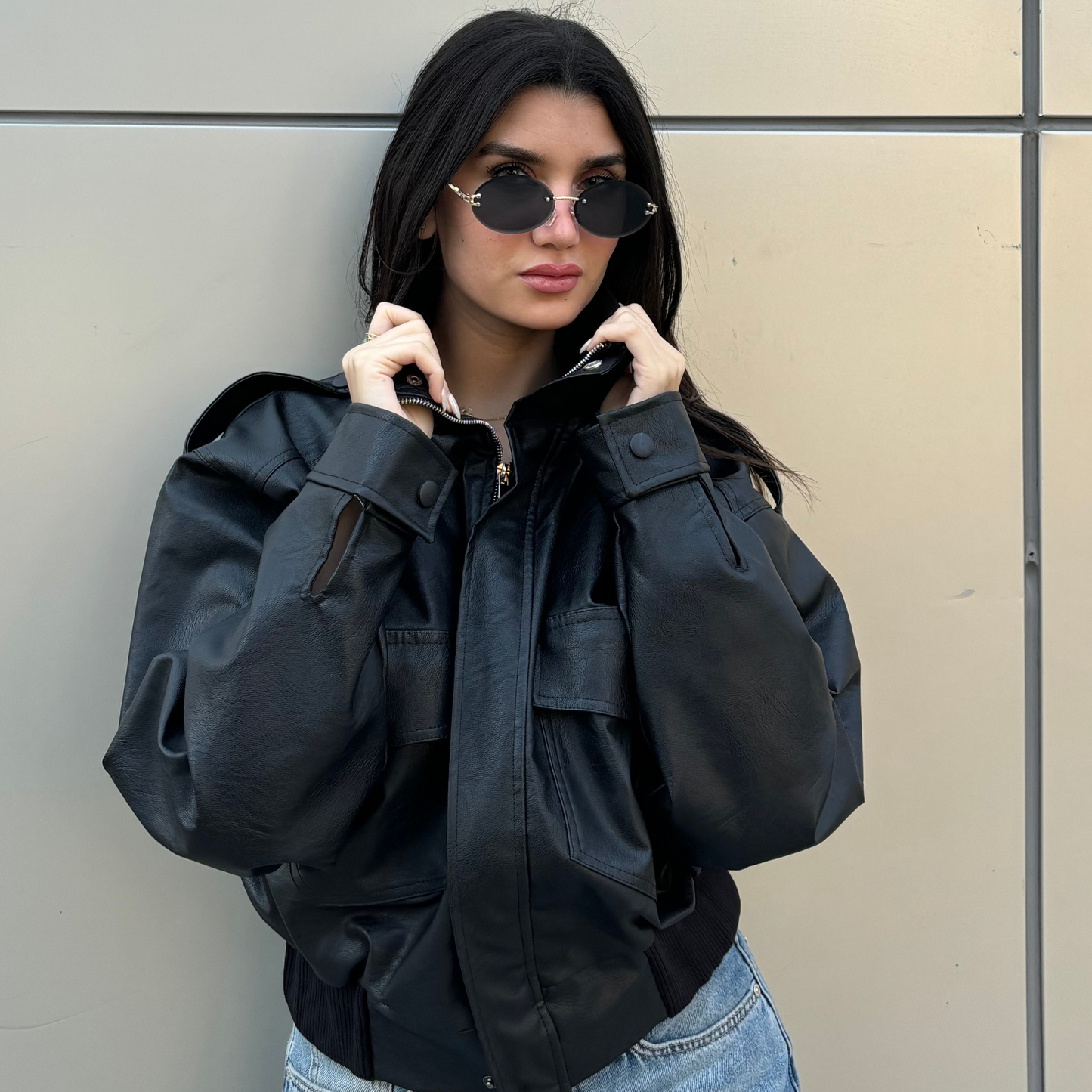 Collared Oversized Black Leather Jacket