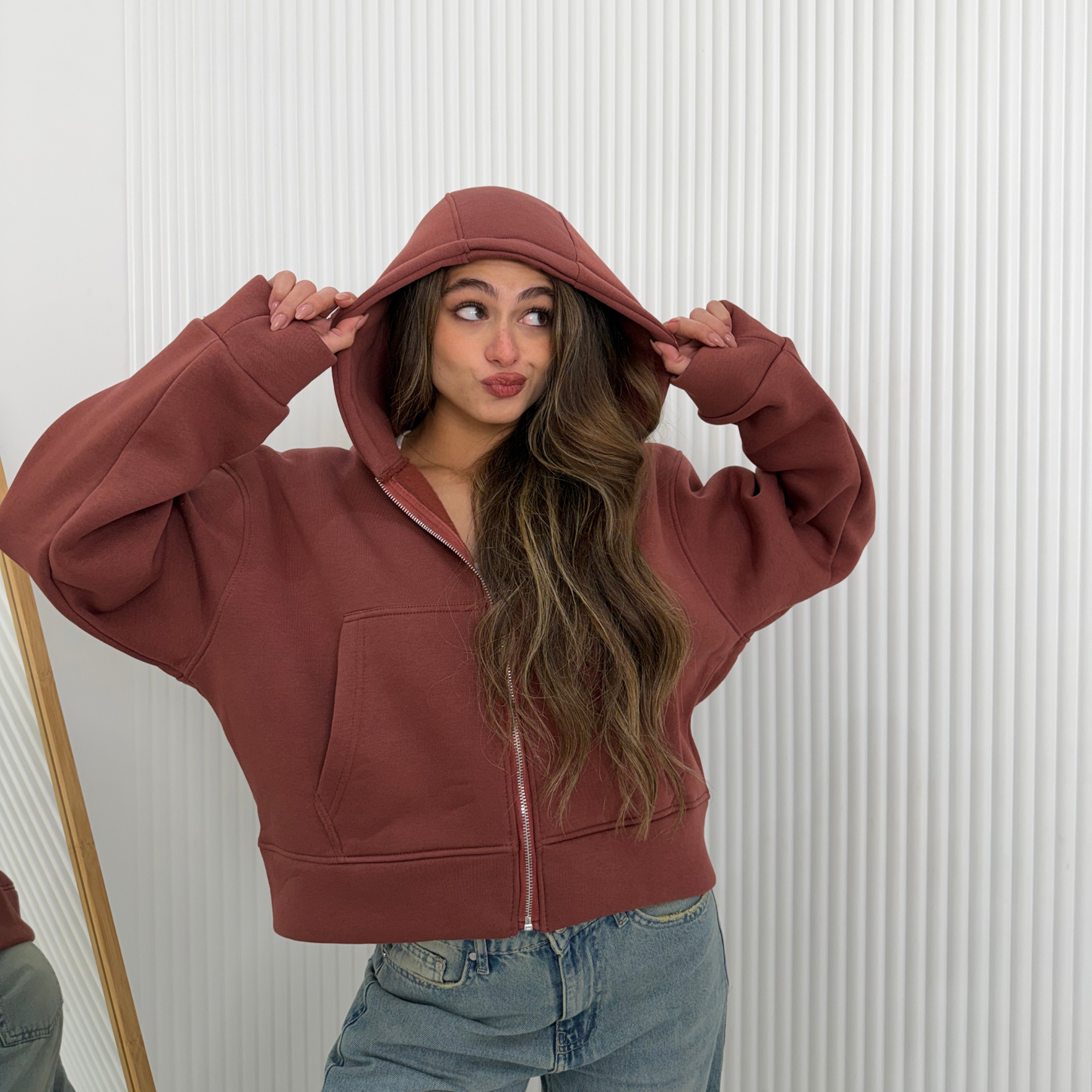 Brick Brown Oversized Zip-Up Hoodie