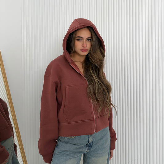 Brick Brown Oversized Zip-Up Hoodie