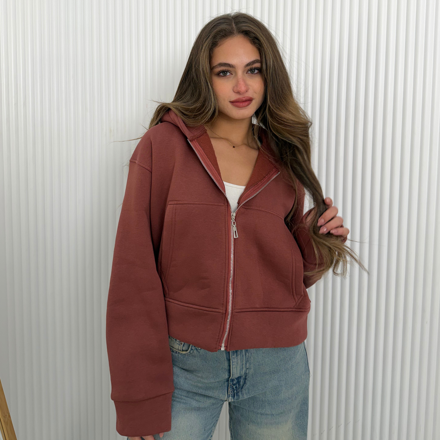 Brick Brown Oversized Zip-Up Hoodie