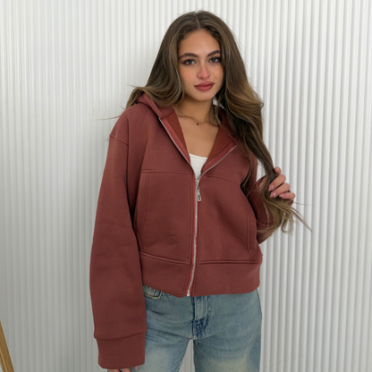 Brick Brown Oversized Zip-Up Hoodie