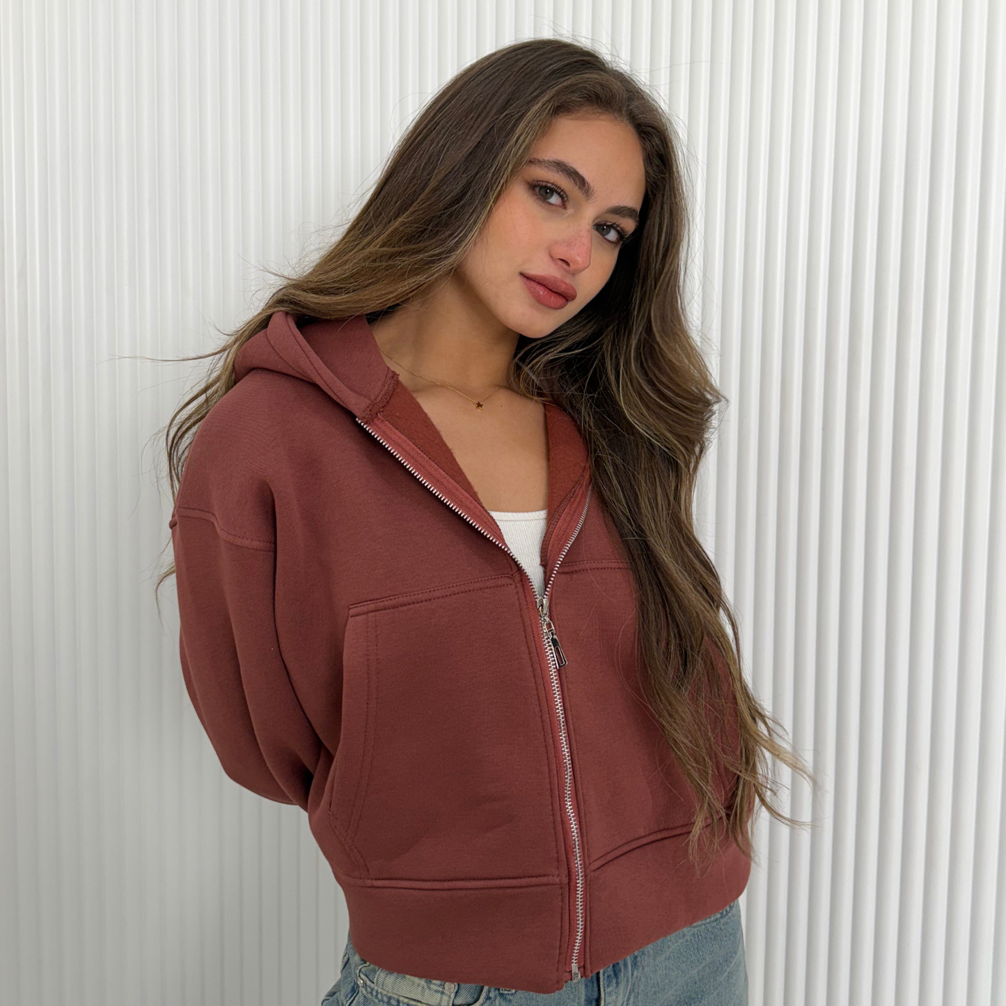 Brick Brown Oversized Zip-Up Hoodie