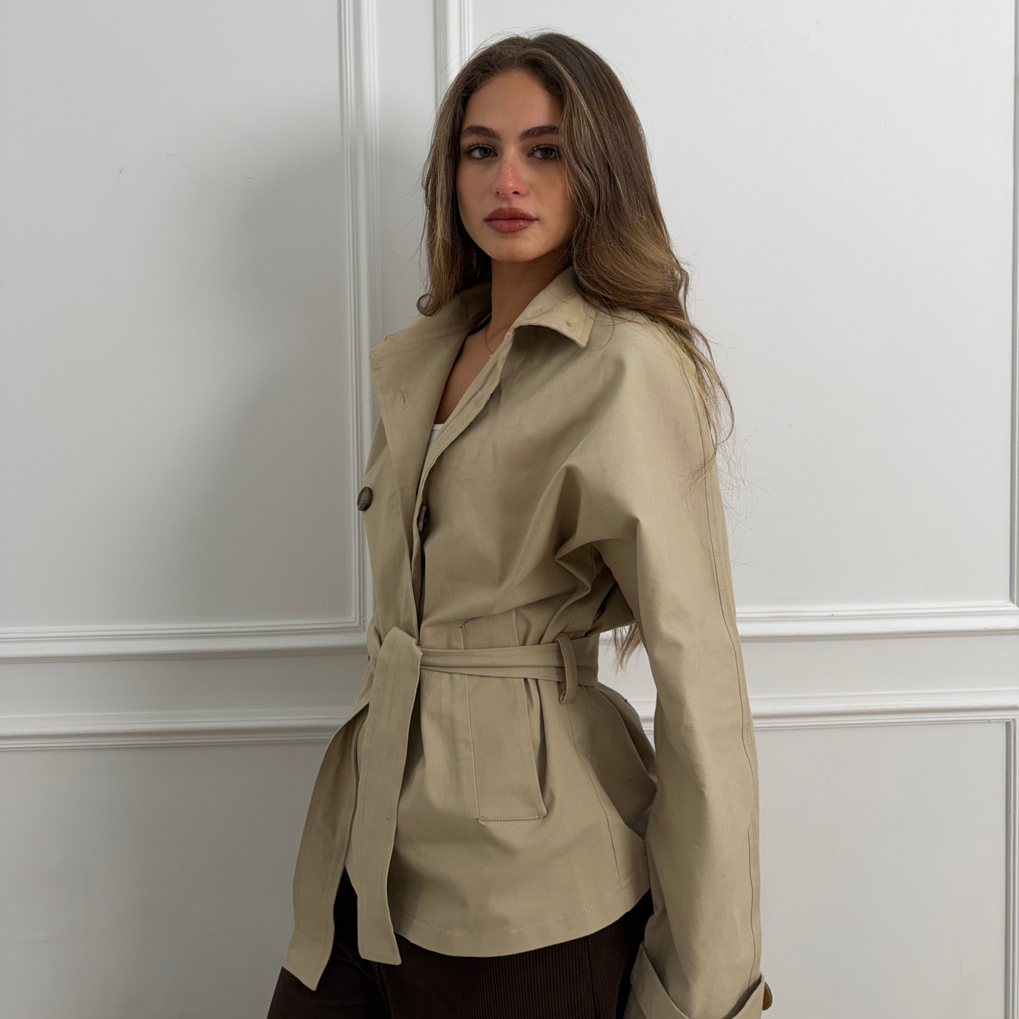 Beige Gabardine Trench Jacket