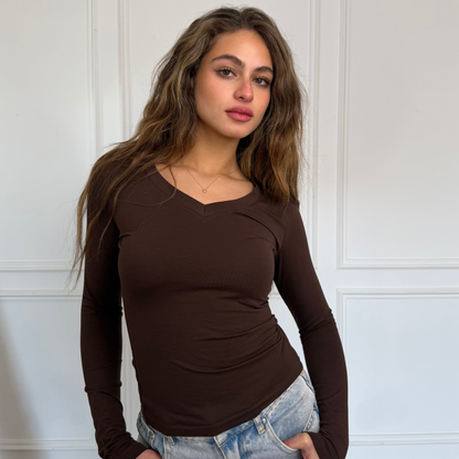 Brown V-Neck Long sleeves top
