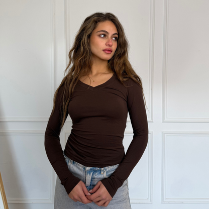 Brown V-Neck Long sleeves top