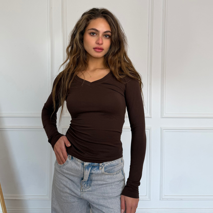 Brown V-Neck Long sleeves top