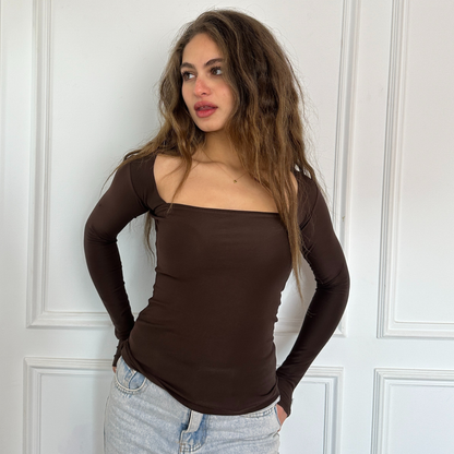 Brown Square-Neck long sleeves Top