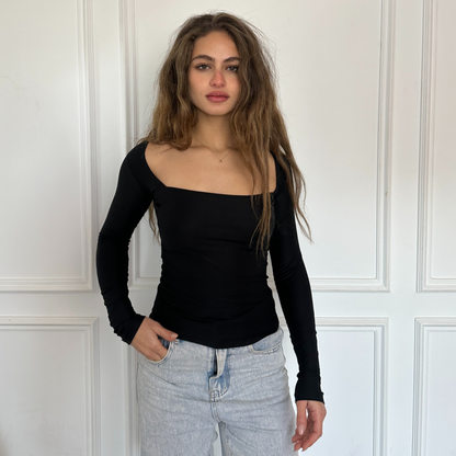 Black Square-Neck long sleeves Top