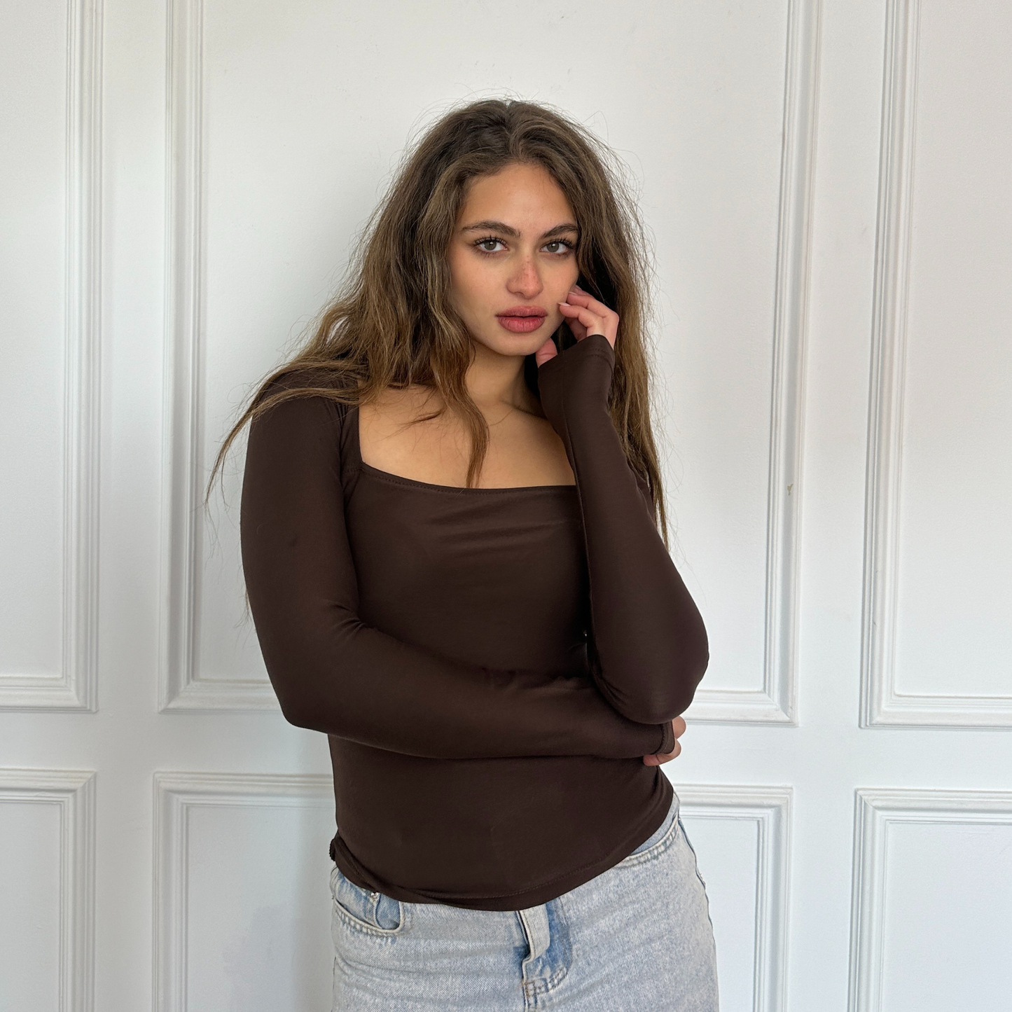 Brown Square-Neck long sleeves Top