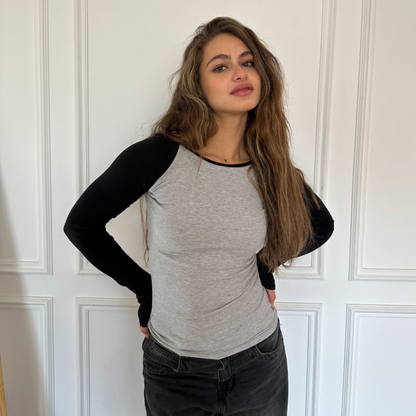 Raglan long sleeve top in grey and black