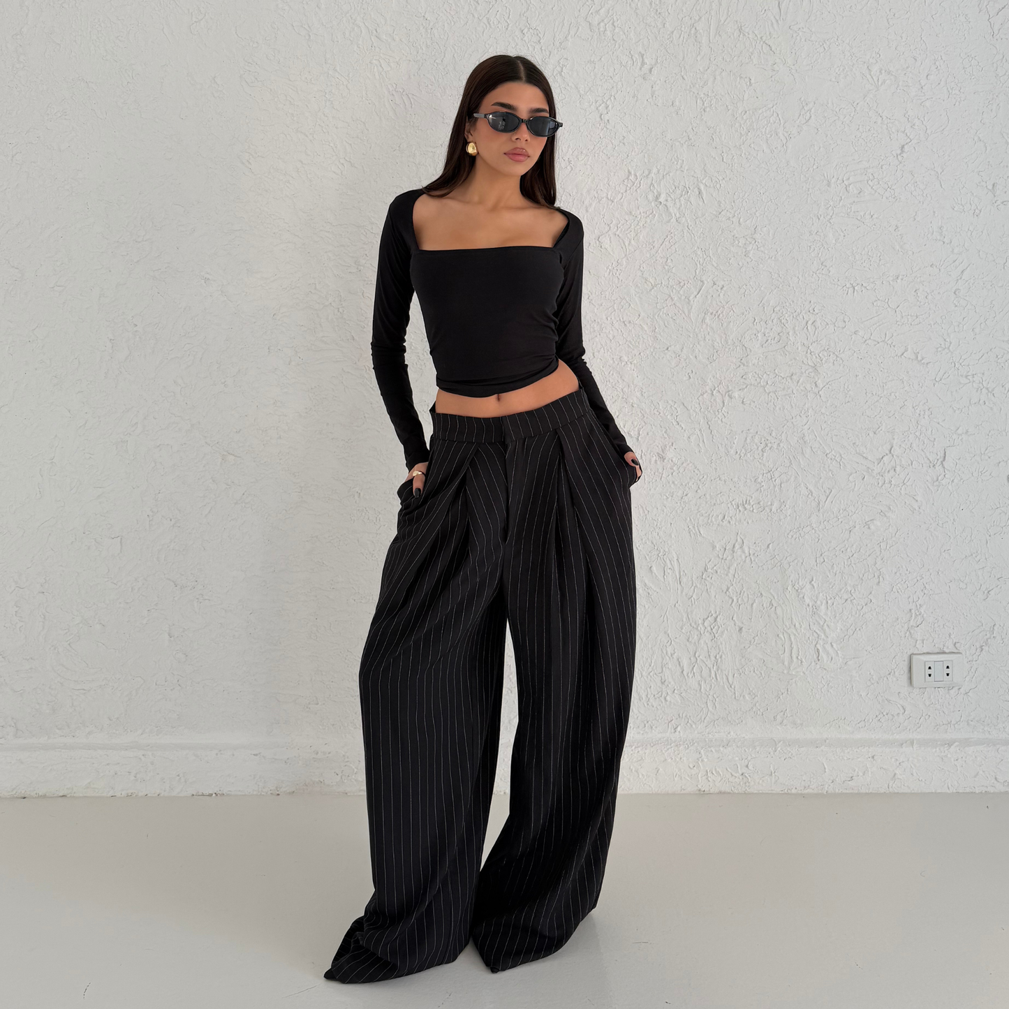 Black Pinstripe Wide-Leg Tailored Pants