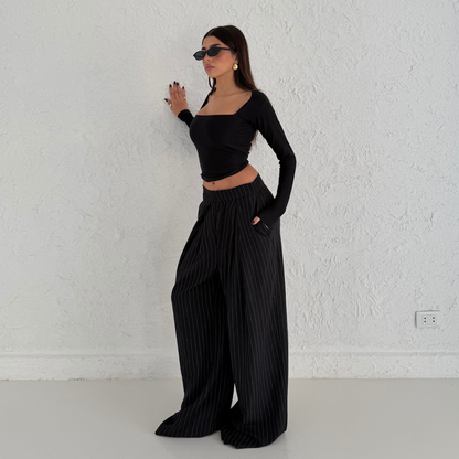 Black Pinstripe Wide-Leg Tailored Pants