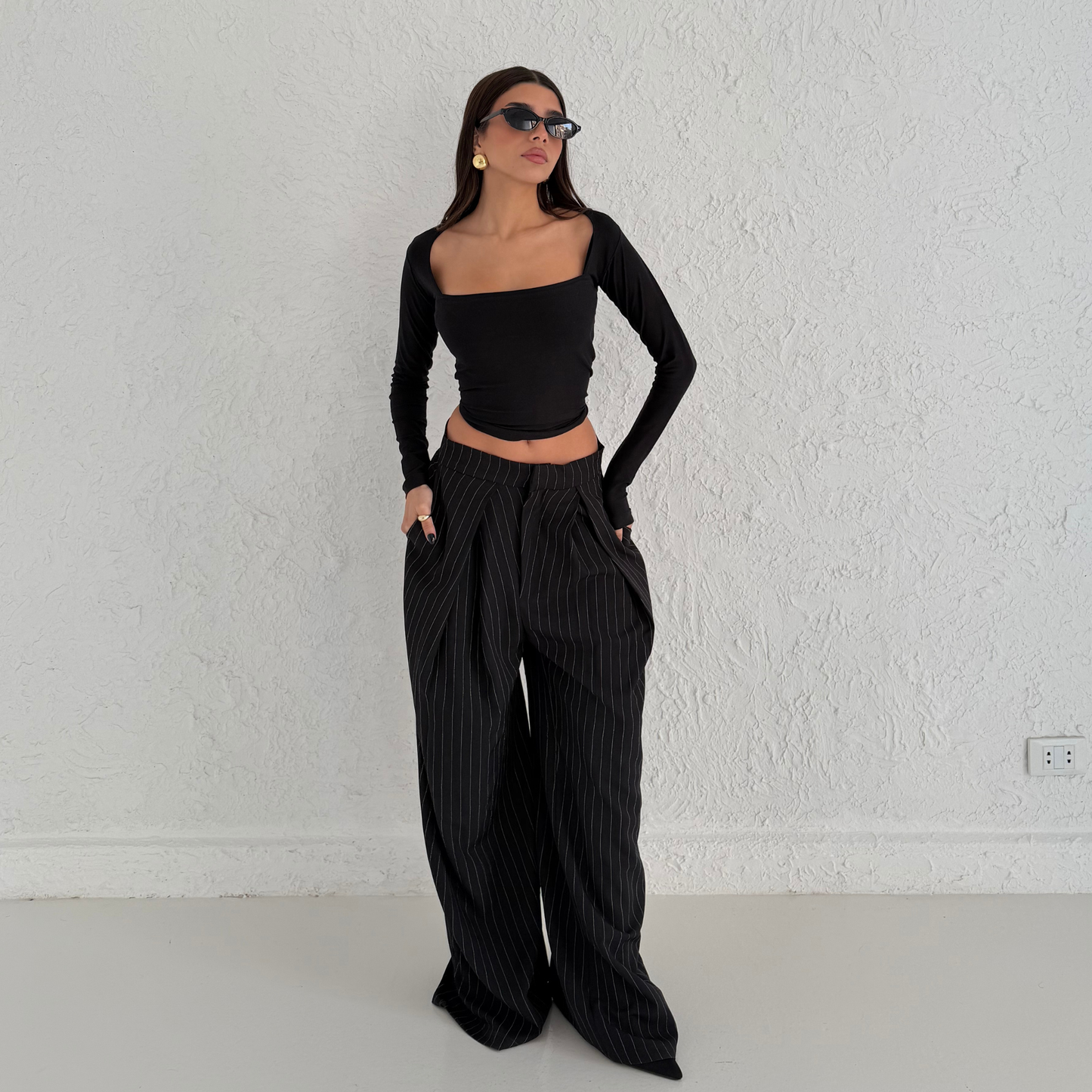 Black Pinstripe Wide-Leg Tailored Pants