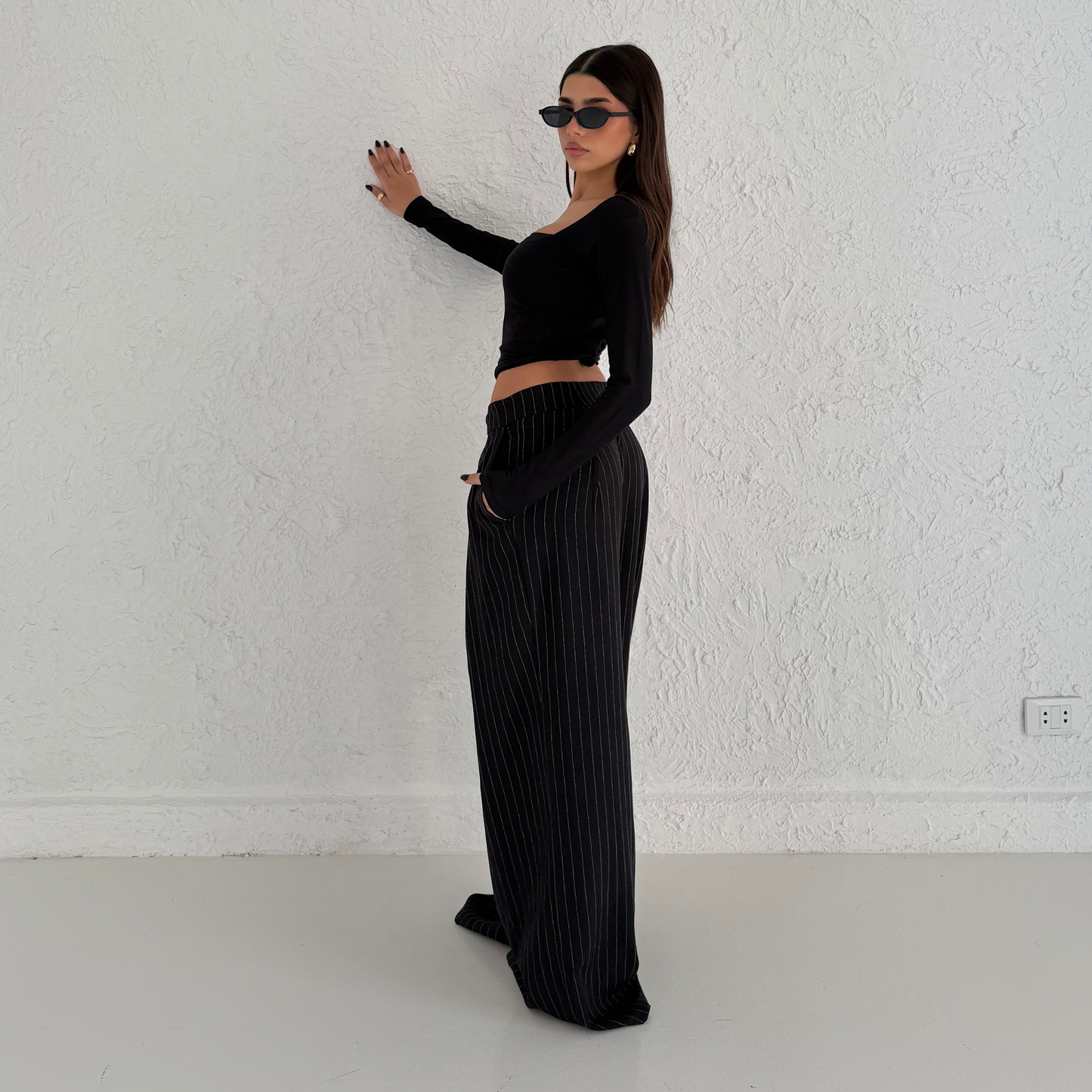 Black Pinstripe Wide-Leg Tailored Pants