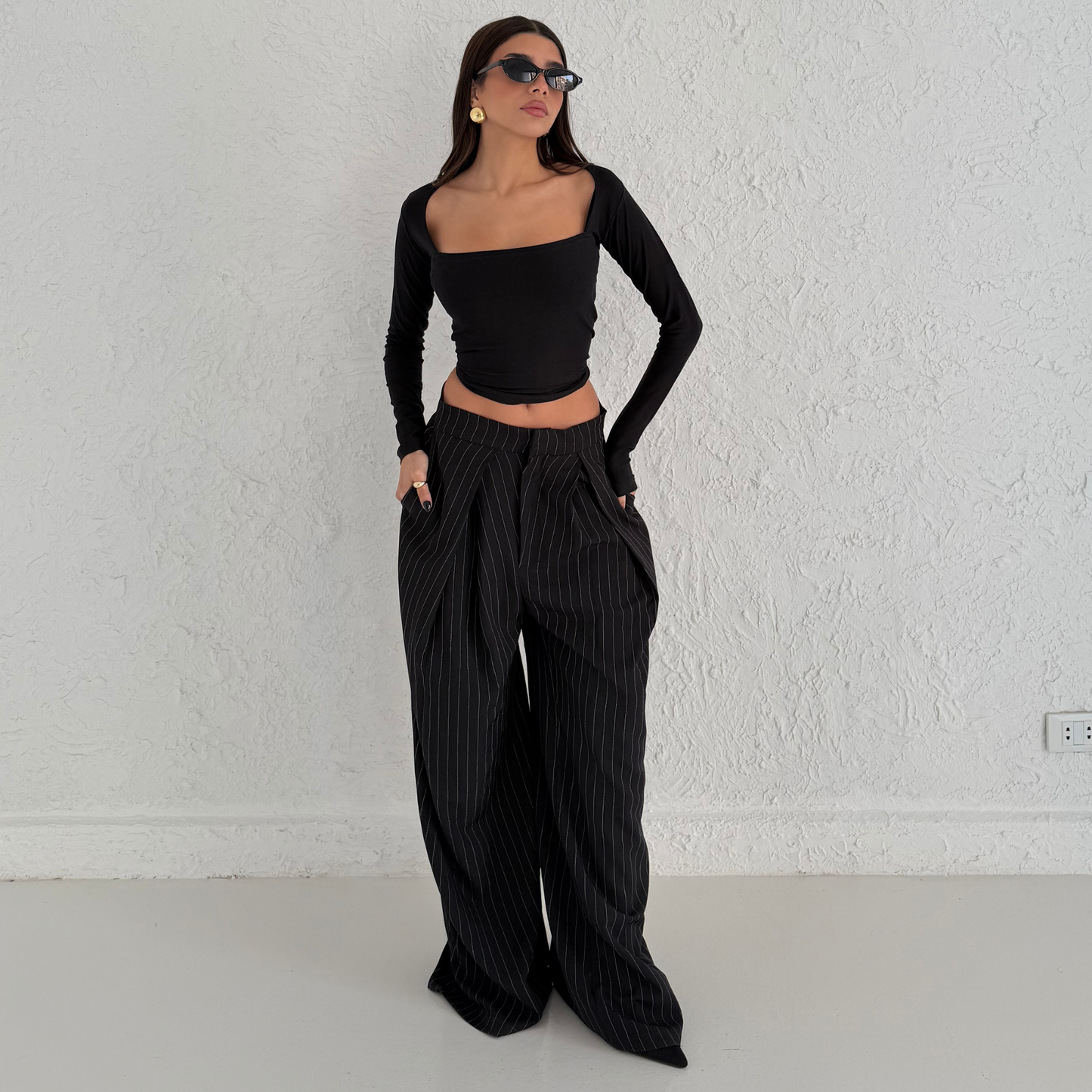 Black Pinstripe Wide-Leg Tailored Pants