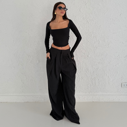 Black Pinstripe Wide-Leg Tailored Pants