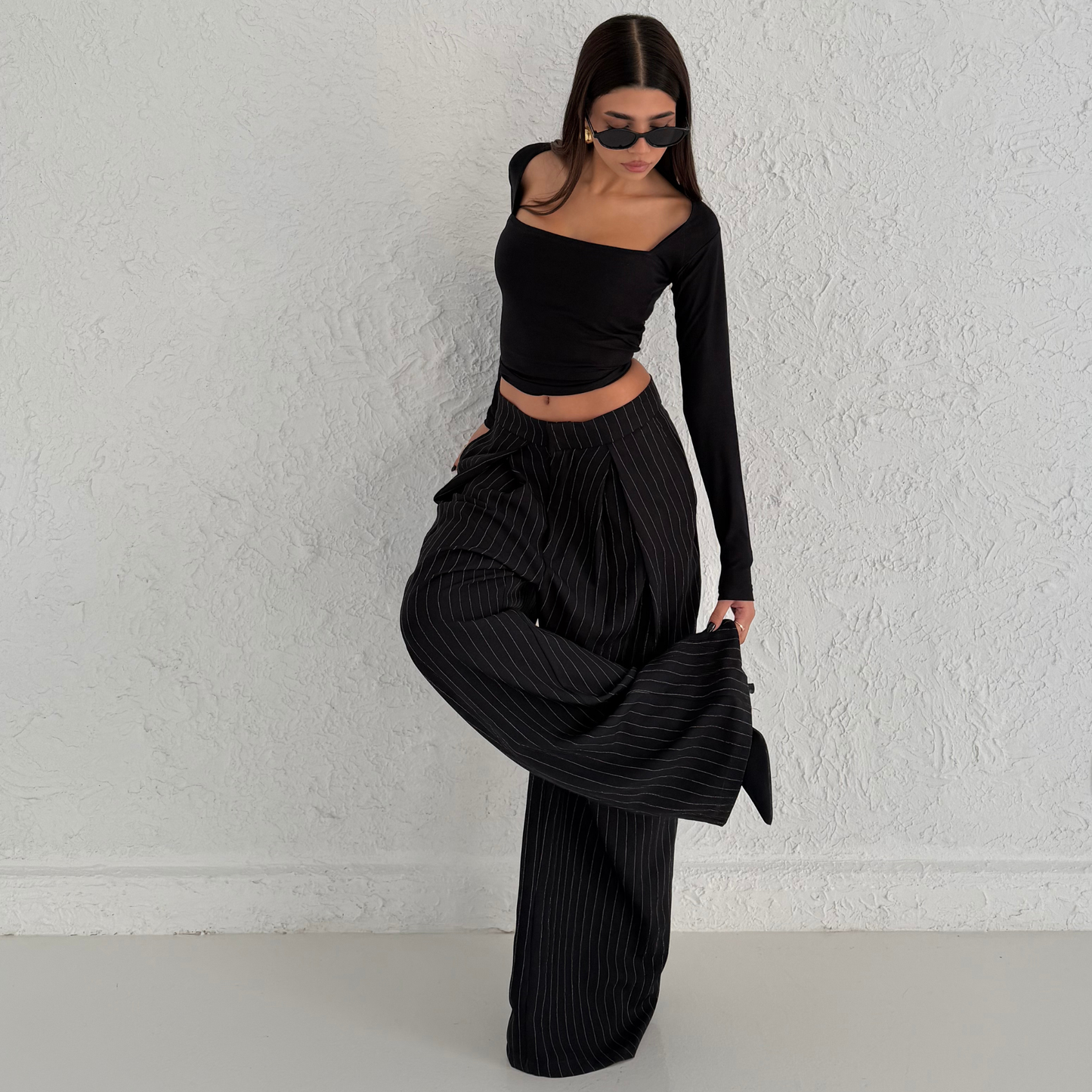 Black Pinstripe Wide-Leg Tailored Pants