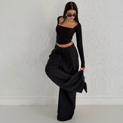 Black Pinstripe Wide-Leg Tailored Pants