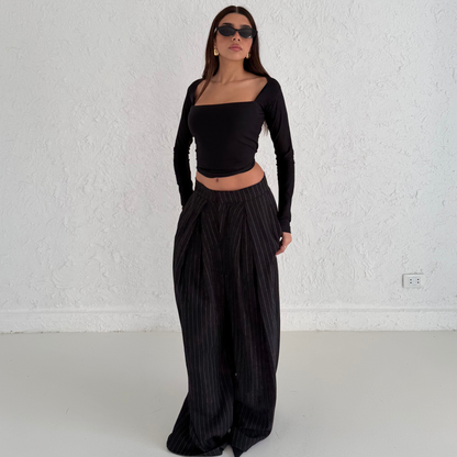 Black Pinstripe Wide-Leg Tailored Pants