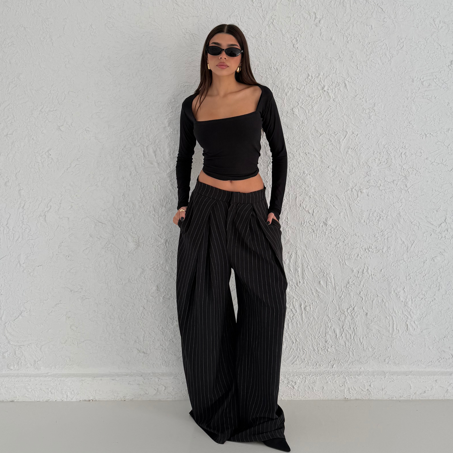 Black Pinstripe Wide-Leg Tailored Pants