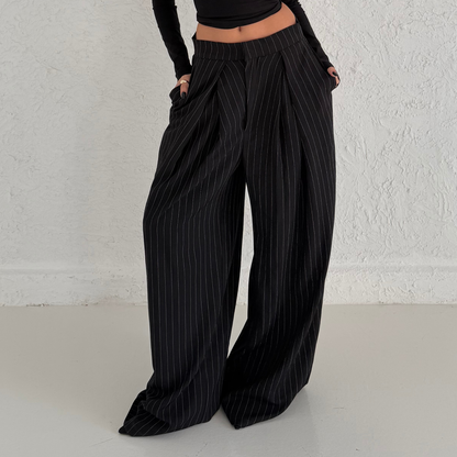 Black Pinstripe Wide-Leg Tailored Pants