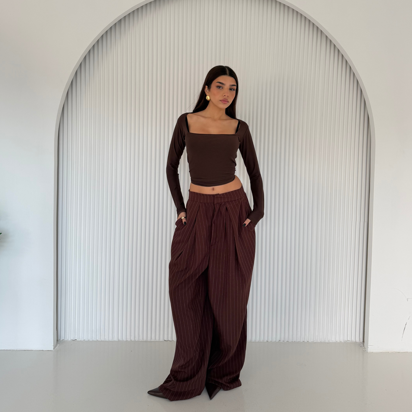 Brown Pinstripe Wide-Leg Tailored Pants