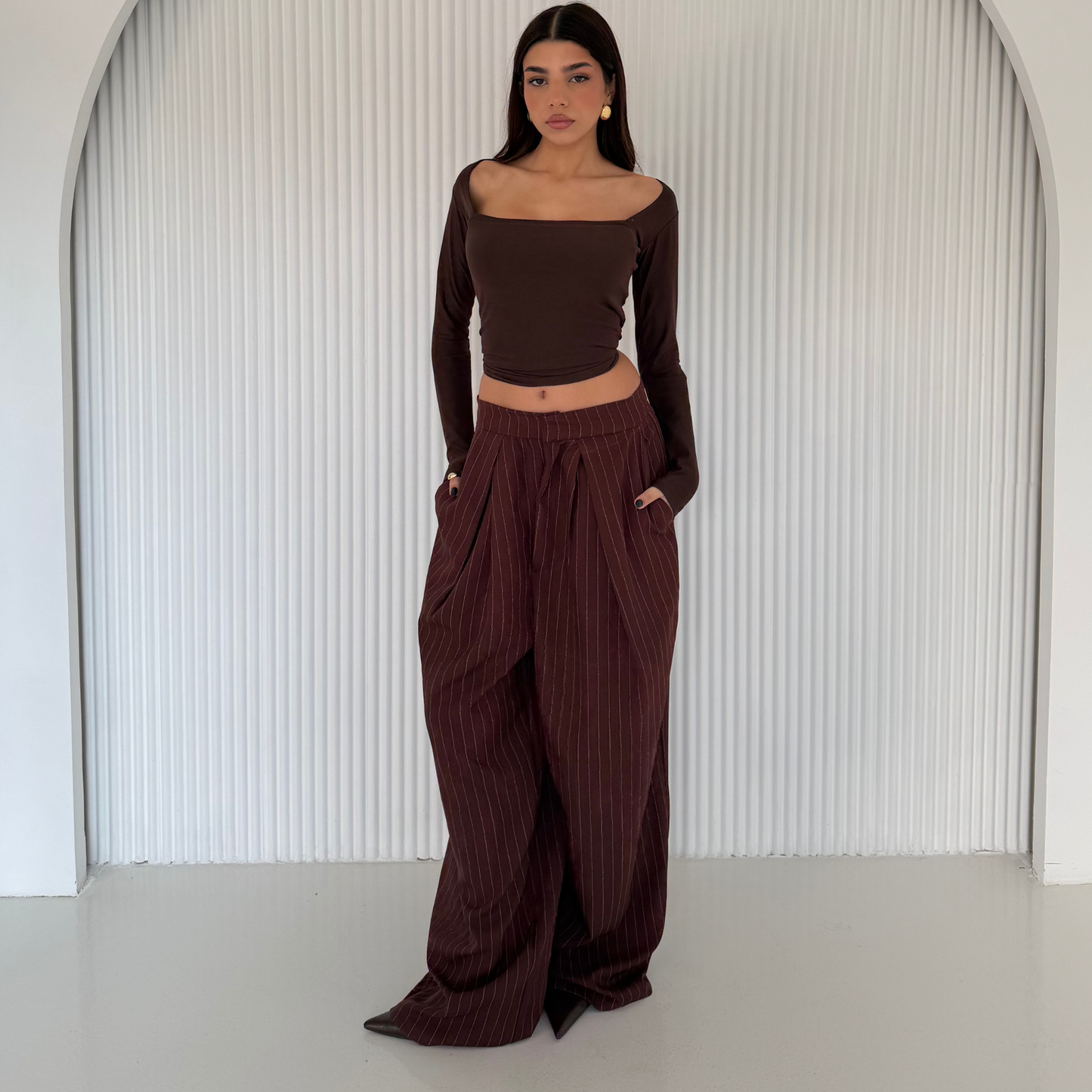 Brown Pinstripe Wide-Leg Tailored Pants