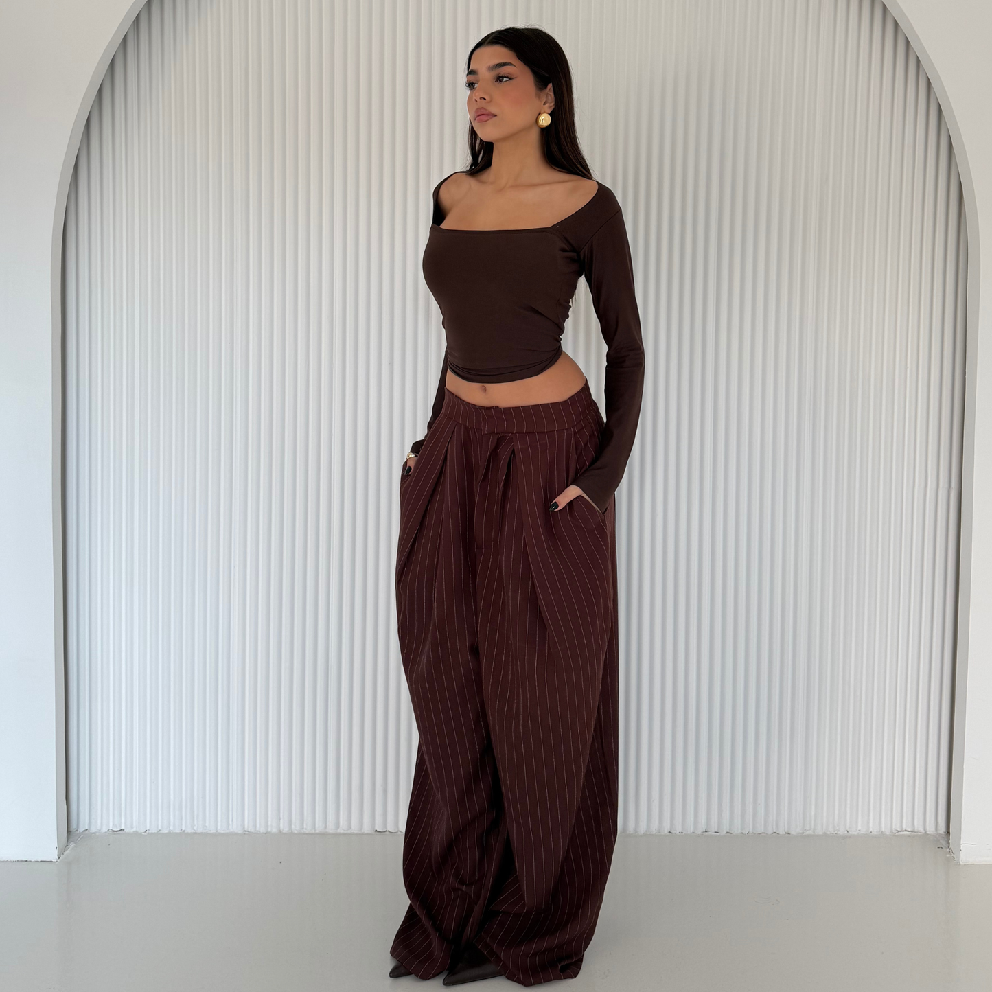 Brown Pinstripe Wide-Leg Tailored Pants