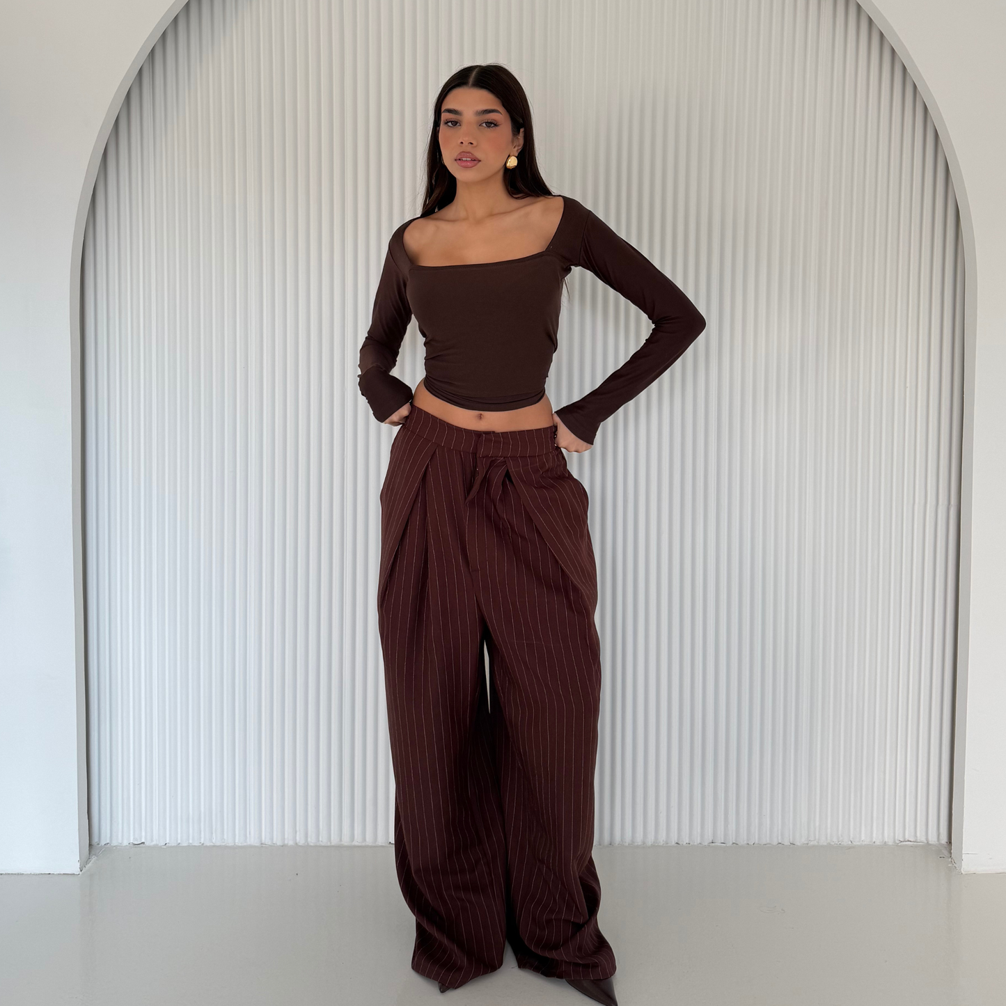 Brown Pinstripe Wide-Leg Tailored Pants