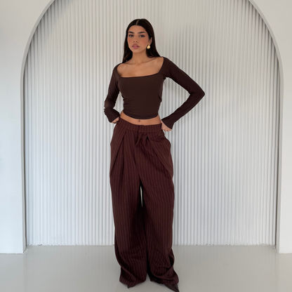 Brown Pinstripe Wide-Leg Tailored Pants