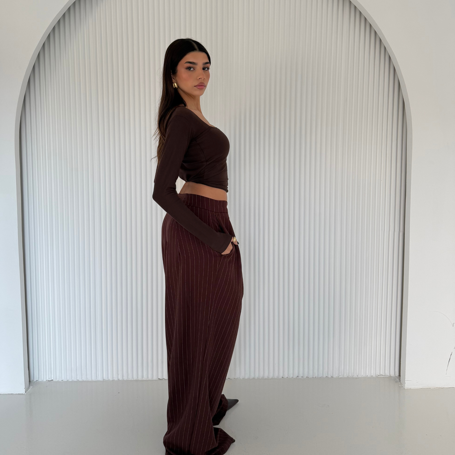 Brown Pinstripe Wide-Leg Tailored Pants